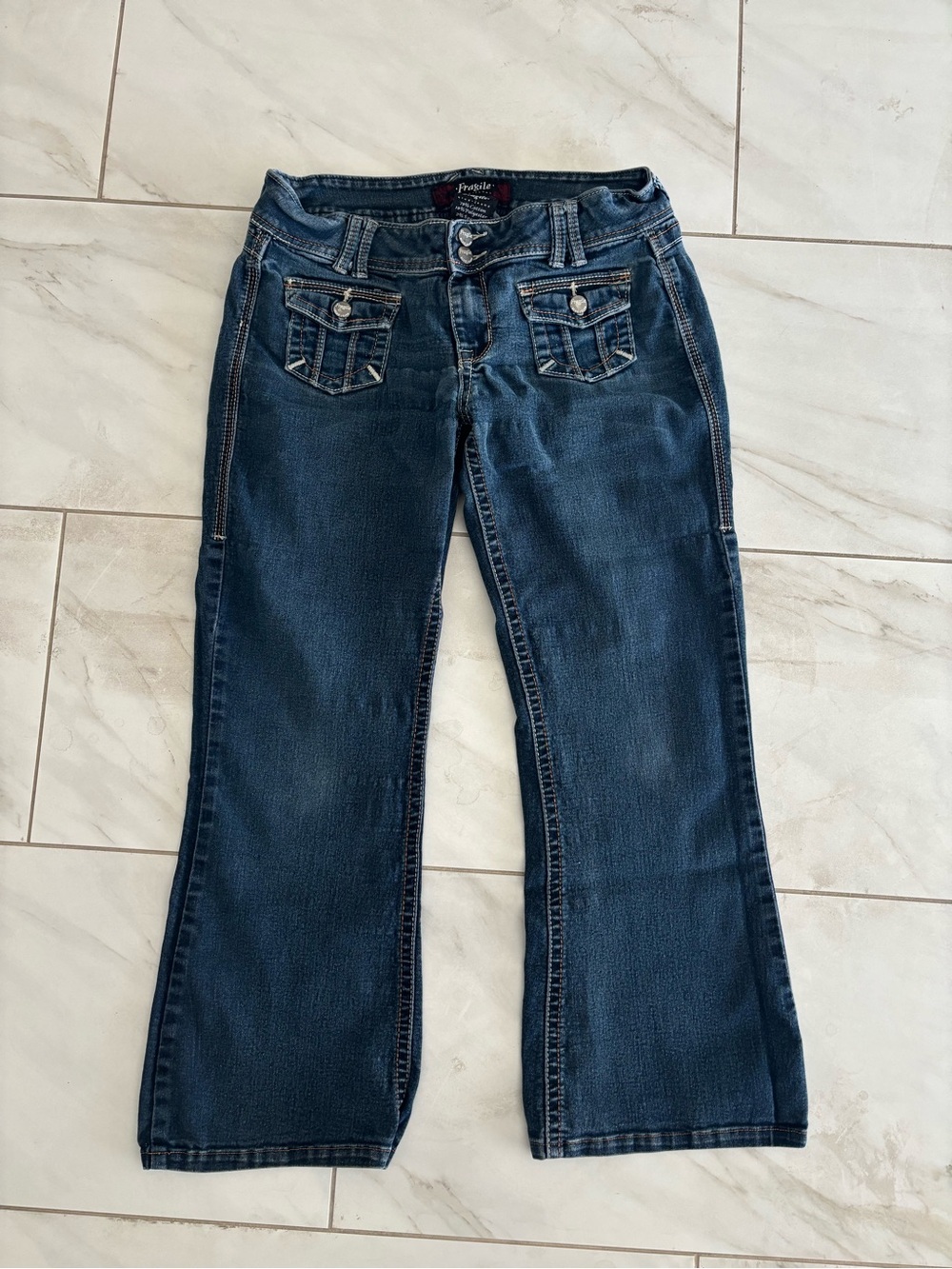 Vintage Dark Blue Bootcut Jeans with Decorative Front Flap Pockets